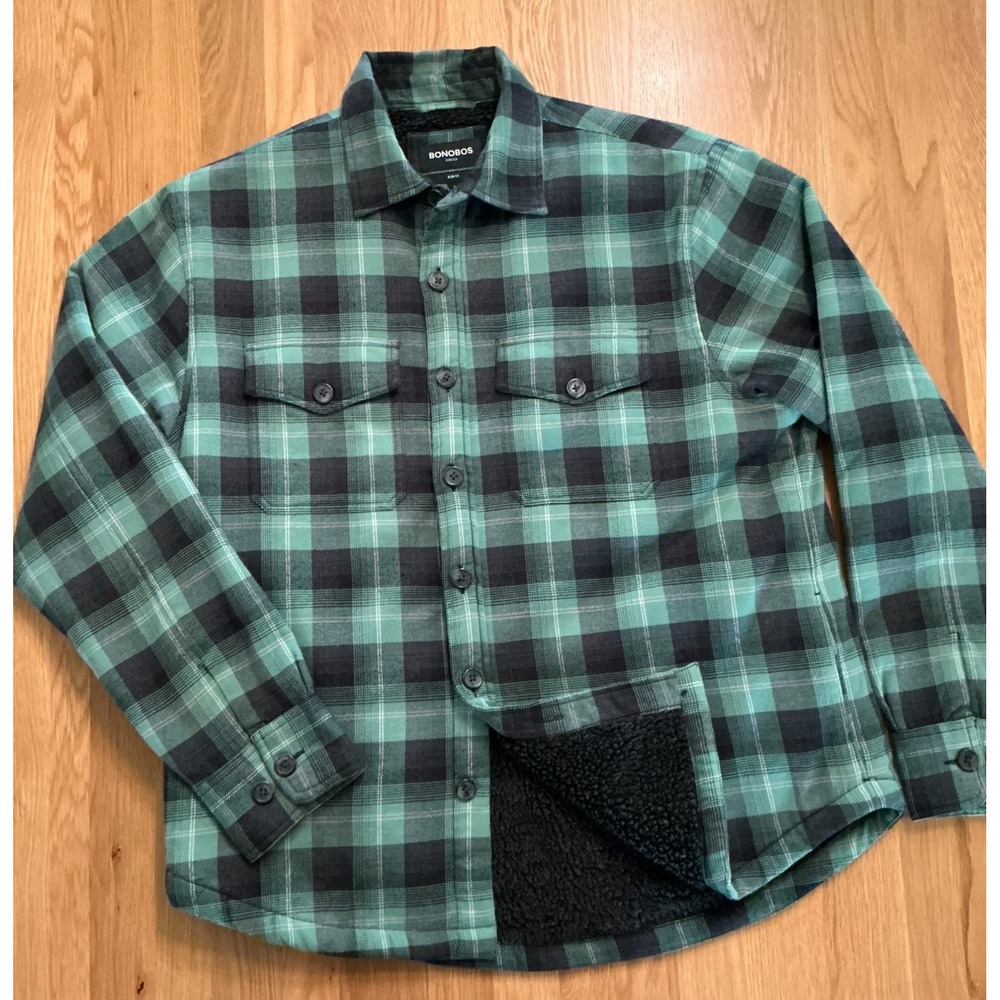 Bonobos Sherpa Shacket Mens L Slim Green Plaid Flannel Lined Jacket BSH10655N